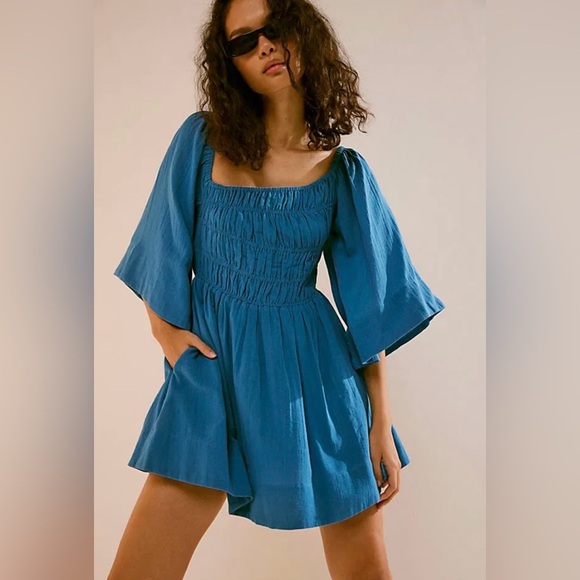 Free People Dresses & Skirts - Free People Sunnier With You Mini Dress Blue Smocked Boho Cottagecore Small